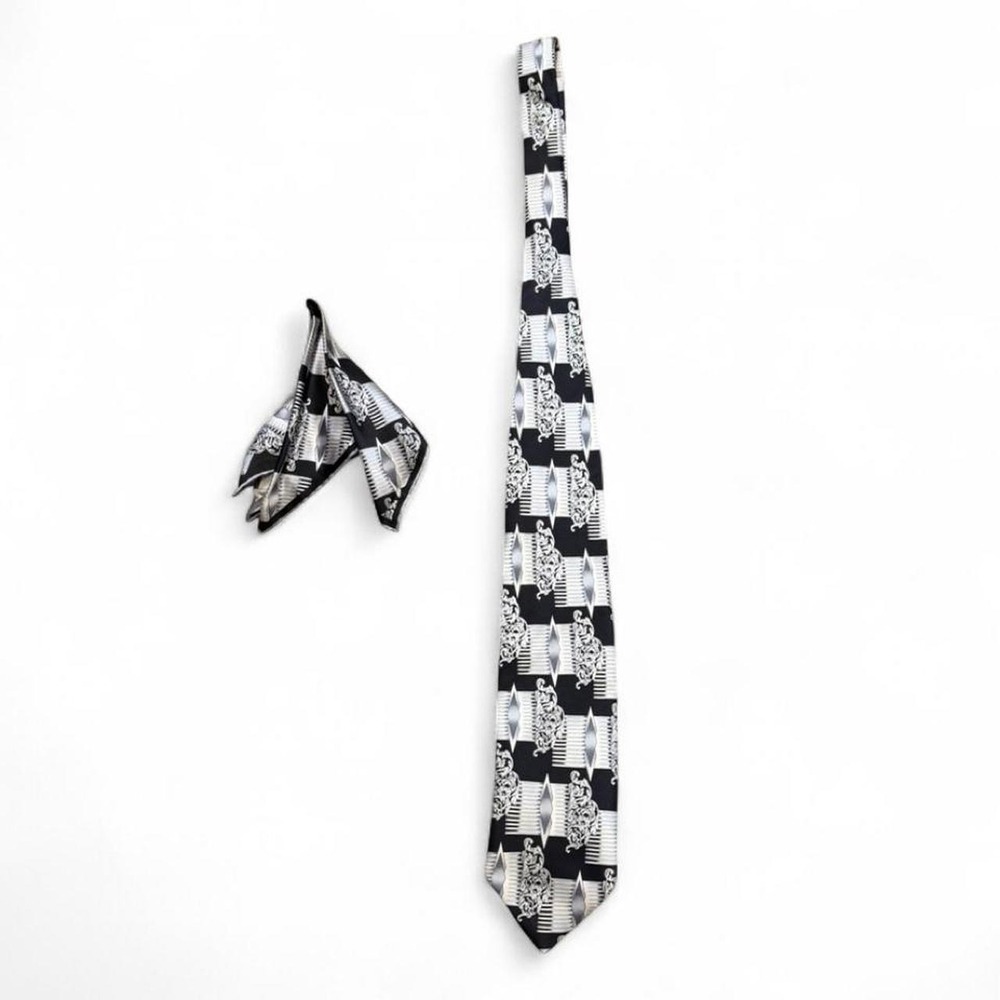 Vintage 90s Steven Land Black & White Checkered 100% Silk Tie & Pocket Square